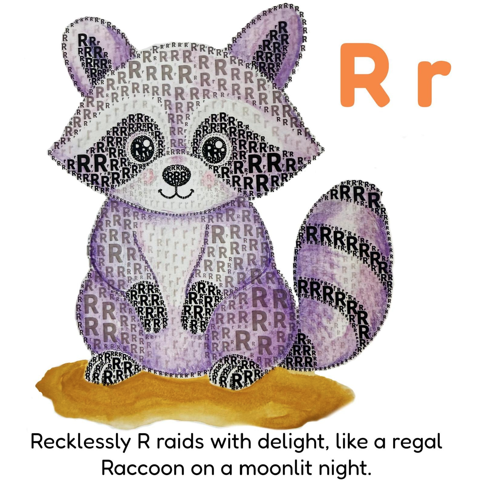 Book page featuring the letter R raccoon